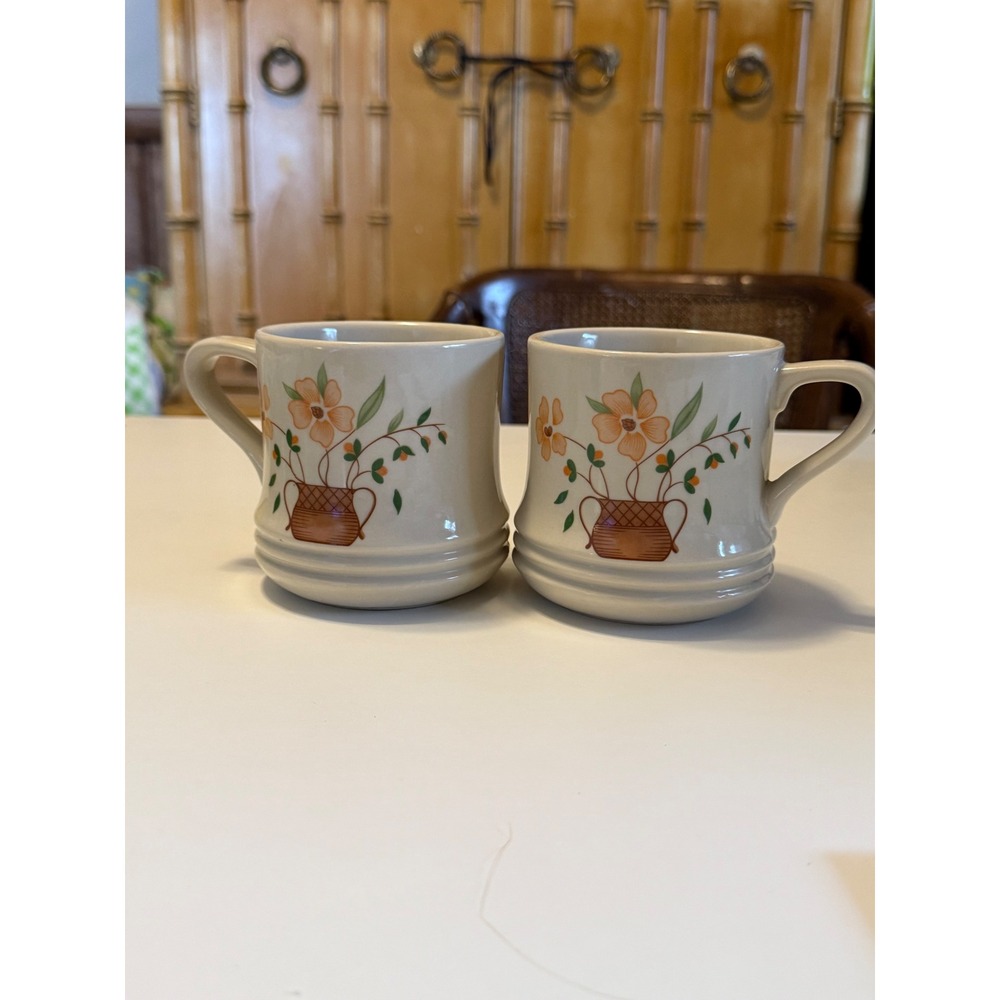 Countryside Stoneware Collection Floral Basket Mugs Set of 2 Japan Vintage Cream